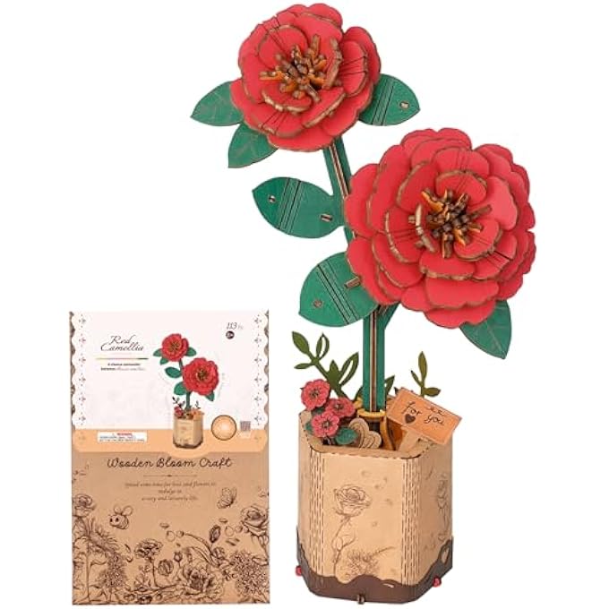 3D PUZZLE WOODEN FLOWER RED CAMELLIA DIY MODEL KIT TO BUILD FOR ADULTS ARTIFICAL BOUQUET COLLECTION CRAFT BRAIN TEASER PUZZLE CREATIVE GIFT HOME DECOR - Image 1